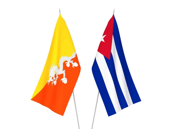 Banderas Nacionales Tela Cuba Reino Bután Aisladas Sobre Fondo Blanco — Foto de Stock