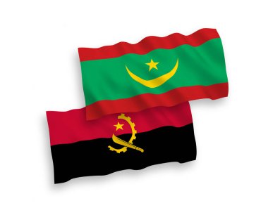 Moritanya İslam Cumhuriyeti ve Angola 'nın ulusal taşıyıcı kumaş bayrakları beyaz arka planda izole edildi. 1 'e 2 oranında.