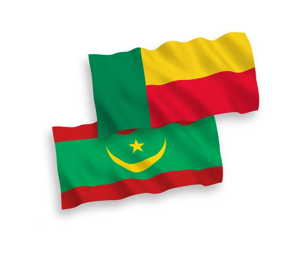 Nationale Vektor Stofffahnen Der Islamischen Republik Mauretanien Und Benin Isoliert — Stockvektor