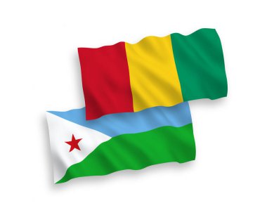 Cibuti Cumhuriyeti ve Gine 'nin ulusal taşıyıcı kumaş bayrakları beyaz arka planda izole edildi. 1 'e 2 oranında.