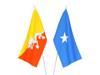 Beyaz arka planda Somali ve Butan Krallığı 'nın ulusal kumaş bayrakları izole edildi. 3d resimleme.