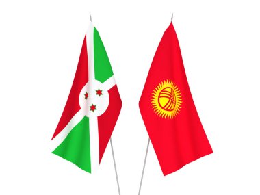 Kırgızistan ve Burundi 'nin ulusal kumaş bayrakları beyaz arka planda izole edildi. 3D tasvir. Tarihi bayrak