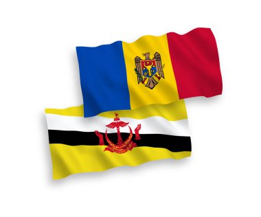 Beyaz arka planda Brunei ve Moldova 'nın ulusal taşıyıcı kumaş bayrakları izole edildi. 1 'e 2 oranında.