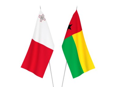 National fabric flags of Republic of Guinea Bissau and Malta isolated on white background. 3d rendering illustration.
