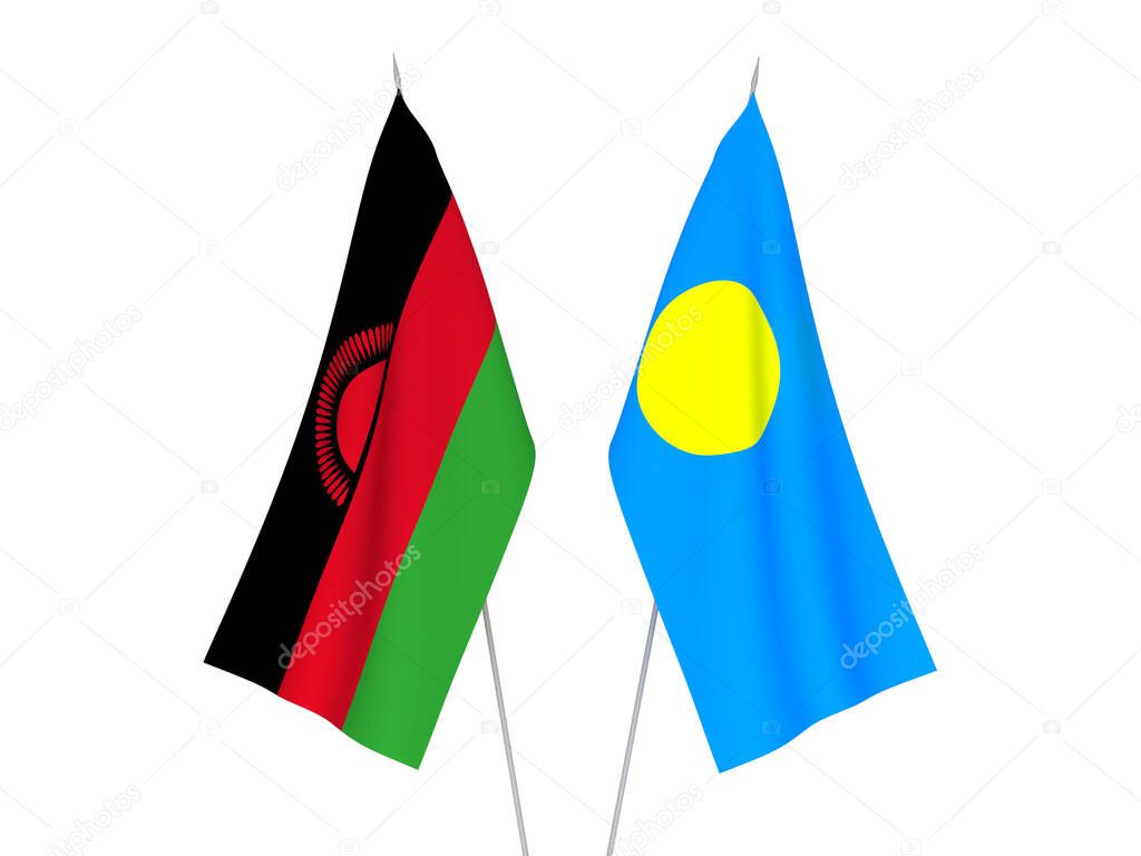 National fabric flags of Palau and Malawi isolated on white background. 3d rendering illustration.