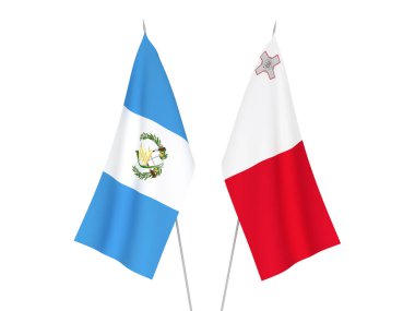 Beyaz arka planda Guatemala Cumhuriyeti ve Malta 'nın ulusal kumaş bayrakları izole edildi. 3d resimleme.