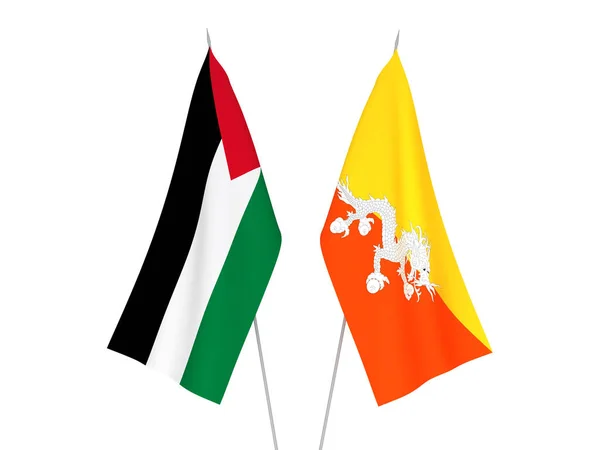 巴勒斯坦和不丹王国的国旗以白色背景隔离 3D渲染说明 — 图库照片