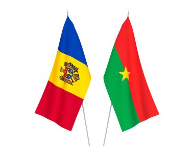 Beyaz arka planda Burkina Faso ve Moldova 'nın ulusal kumaş bayrakları izole edildi. 3d resimleme.