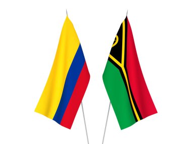 Beyaz arka planda Kolombiya ve Vanuatu Cumhuriyeti 'nin ulusal kumaş bayrakları izole edildi. 3d resimleme.