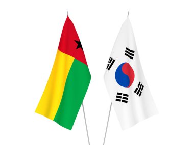 Beyaz arka planda Güney Kore ve Gine Bissau Cumhuriyeti bayrakları izole edildi. 3d resimleme.