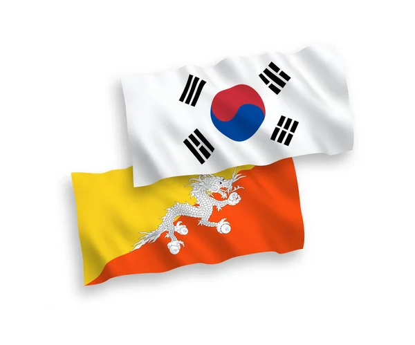 Белом Фоне Выделены Национальные Векторные Флаги Южной Кореи Королевства Бутан — стоковый вектор