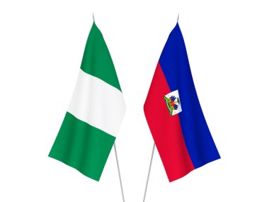 Beyaz arka planda Nijerya ve Haiti Cumhuriyeti 'nin ulusal kumaş bayrakları izole edildi. 3d resimleme.