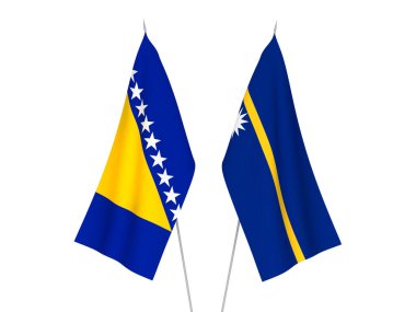 Bosna-Hersek ve Nauru Cumhuriyeti 'nin ulusal kumaş bayrakları beyaz arka planda izole edildi. 3d resimleme.
