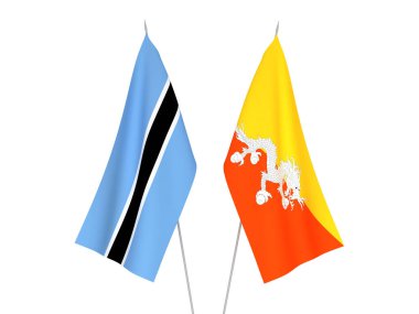 Beyaz arka planda Botswana ve Butan Krallığı 'nın ulusal kumaş bayrakları izole edildi. 3d resimleme.