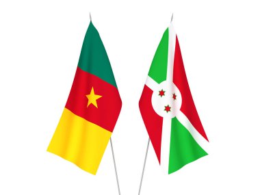 Beyaz arka planda, Burundi ve Kamerun 'un ulusal kumaş bayrakları izole edildi. 3d resimleme.