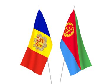 Beyaz arka planda Andorra ve Eritrea 'nın ulusal kumaş bayrakları izole edildi. 3d resimleme.
