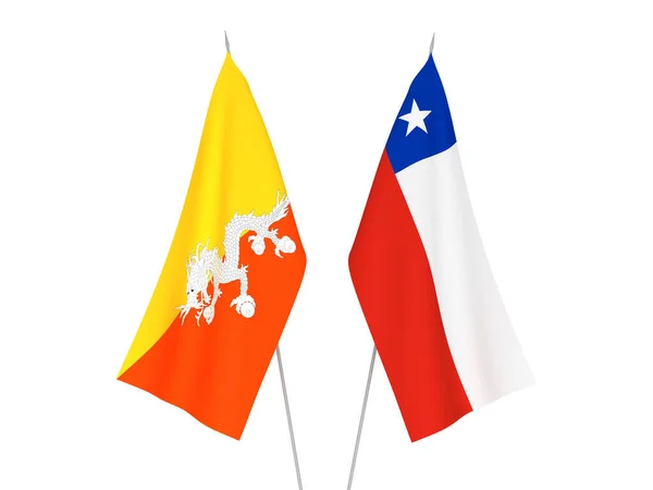Nationale Stoffen Vlaggen Van Chili Het Koninkrijk Bhutan Geïsoleerd Witte — Stockfoto