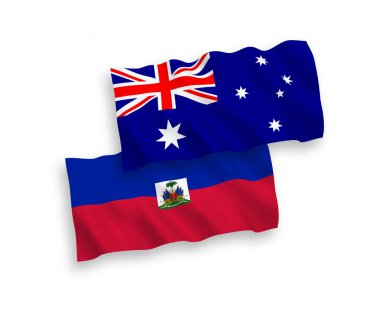 Avustralya ve Haiti Cumhuriyeti 'nin ulusal taşıyıcı kumaş bayrakları beyaz arka planda izole edilmiştir. 1 'e 2 oranında.