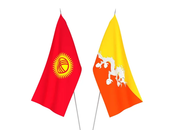 Kirgizisztán Bhutáni Királyság Nemzeti Szövetzászlói Fehér Alapon Elszigetelve Renderelés Illusztráció — Stock Fotó