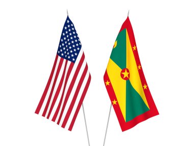 Beyaz arka planda Amerika ve Grenada 'nın ulusal kumaş bayrakları izole edildi. 3d resimleme.