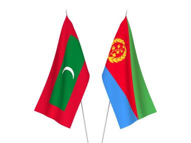 Beyaz arka planda Maldivler ve Eritrea 'nın ulusal kumaş bayrakları izole edildi. 3d resimleme.