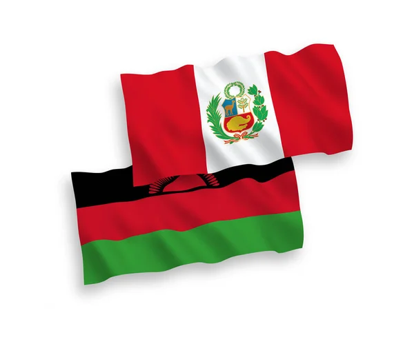 Bendera Malawi dan Peru dengan latar belakang putih - Stok Vektor