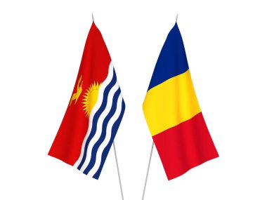 National fabric flags of Romania and Republic of Kiribati isolated on white background. 3d rendering illustration.