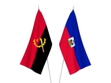 National fabric flags of Angola and Republic of Haiti isolated on white background. 3d rendering illustration.