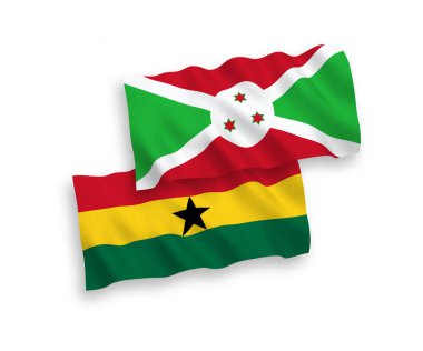 National vector fabric wave flags of Burundi and Ghana isolated on white background. 1 to 2 proportion.