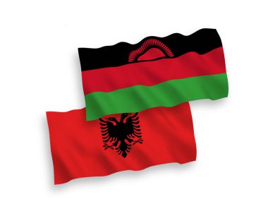 National vector fabric wave flags of Malawi and Albania isolated on white background. 1 to 2 proportion.