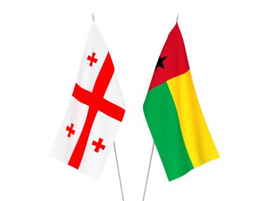 National fabric flags of Georgia and Republic of Guinea Bissau isolated on white background. 3d rendering illustration.