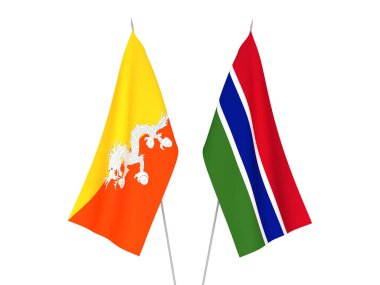 National fabric flags of Republic of Gambia and Kingdom of Bhutan isolated on white background. 3d rendering illustration.