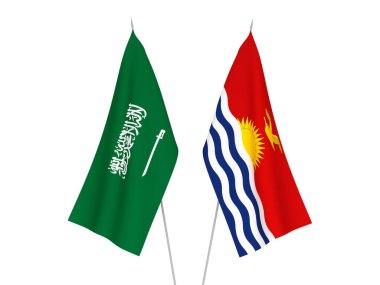 Beyaz arka planda Suudi Arabistan ve Kiribati Cumhuriyeti 'nin ulusal kumaş bayrakları izole edildi. 3d resimleme.