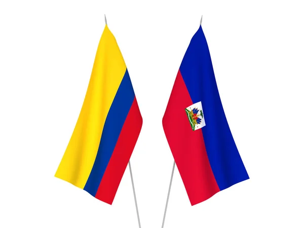 Nationale Stoffen Vlaggen Van Colombia Republiek Haïti Geïsoleerd Witte Achtergrond — Stockfoto