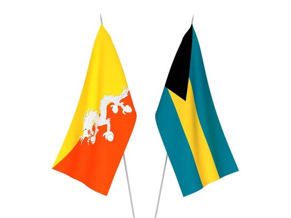 Banderas Nacionales Tela Mancomunidad Las Bahamas Reino Bután Aisladas Sobre —  Fotos de Stock