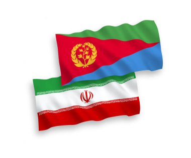 Eritre ve İran 'ın ulusal taşıyıcı kumaş bayrakları beyaz arka planda izole edildi. 1 'e 2 oranında.