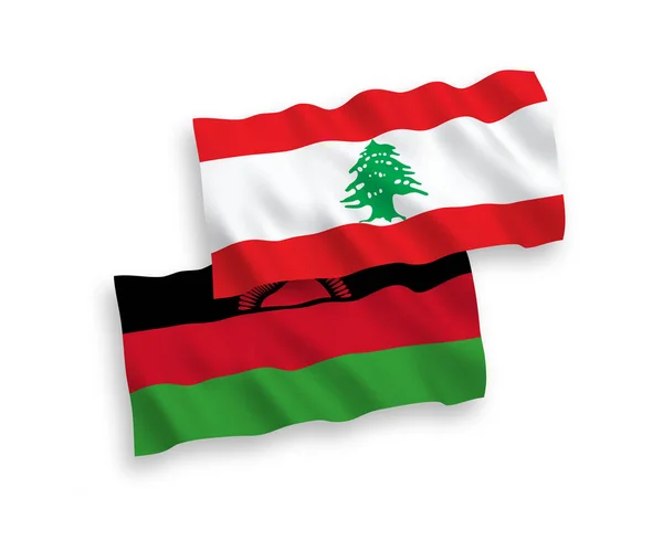 Bandeiras Onda Tecido Vetorial Nacional Malawi Líbano Isoladas Fundo Branco — Vetor de Stock