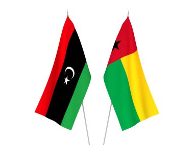 Libya ve Gine Cumhuriyeti bayrakları beyaz arka planda izole edildi. 3d resimleme.
