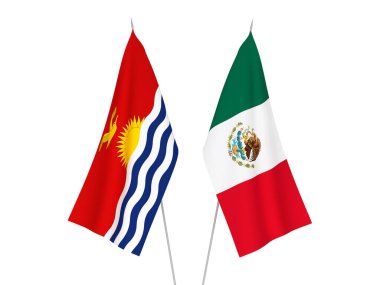 Beyaz arka planda Kiribati Cumhuriyeti ve Meksika 'nın ulusal kumaş bayrakları izole edildi. 3d resimleme.