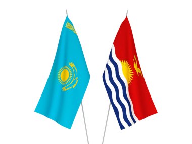 Beyaz arka planda Kazakistan ve Kiribati Cumhuriyeti 'nin ulusal kumaş bayrakları izole edildi. 3d resimleme.