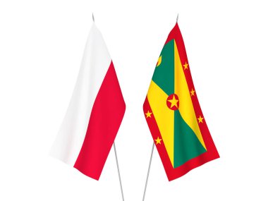 Beyaz arka planda Grenada ve Polonya 'nın ulusal kumaş bayrakları izole edildi. 3d resimleme.