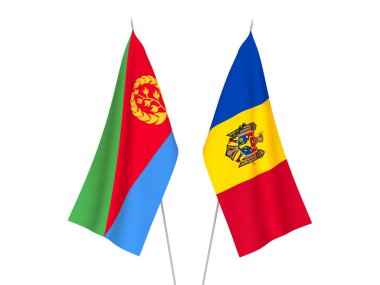 Eritre ve Moldova 'nın ulusal kumaş bayrakları beyaz arka planda izole edildi. 3d resimleme.