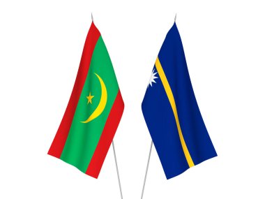 Beyaz arka planda Nauru Cumhuriyeti ve Moritanya İslam Cumhuriyeti 'nin ulusal kumaş bayrakları izole edildi. 3d resimleme.