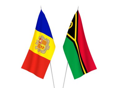 Beyaz arka planda Andorra ve Vanuatu Cumhuriyeti 'nin ulusal kumaş bayrakları izole edildi. 3d resimleme.
