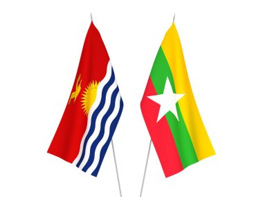 Beyaz arka planda Myanmar ve Kiribati Cumhuriyeti 'nin ulusal kumaş bayrakları izole edildi. 3d resimleme.