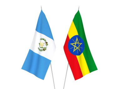 Beyaz arka planda Etiyopya ve Guatemala Cumhuriyeti 'nin ulusal kumaş bayrakları izole edildi. 3d resimleme.
