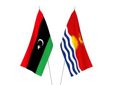 Libya ve Kiribati Cumhuriyeti 'nin ulusal kumaş bayrakları beyaz arka planda izole edildi. 3d resimleme.