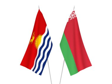 Beyaz arka planda Beyaz Rusya ve Kiribati Cumhuriyeti 'nin ulusal kumaş bayrakları izole edildi. 3d resimleme.