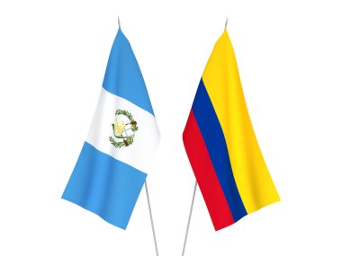 Beyaz arka planda Kolombiya ve Guatemala Cumhuriyeti 'nin ulusal kumaş bayrakları izole edildi. 3d resimleme.
