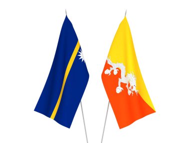 Beyaz arka planda Bhutan Krallığı ve Nauru Cumhuriyeti bayrakları izole edildi. 3d resimleme.